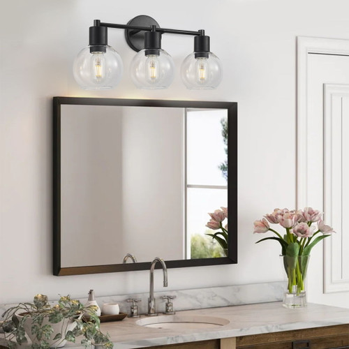 3 Light Globe Bathroom Vanity Light With Clear Glass Shades - Black