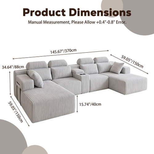 U-Shaped Sectional Sofa With Chaise Lounge And Cup Holders