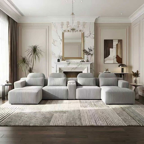 U-Shaped Sectional Sofa With Chaise Lounge And Cup Holders