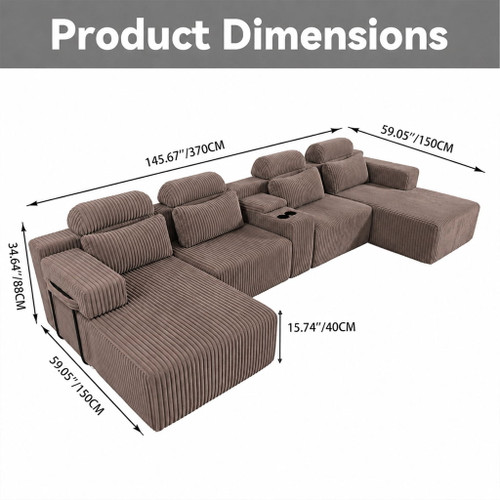 U-Shaped Sectional Sofa With Chaise Lounge And Cup Holders