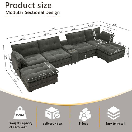 Oversized Modular Sectional Sofa With Multi Functional Console