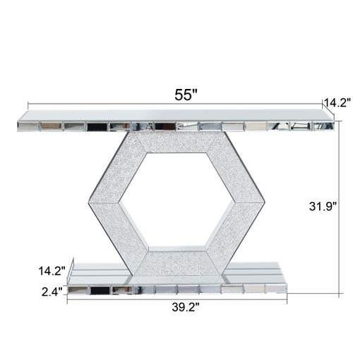 Sparkling Crystal Hexagon Mirror Entryway Premium Modern Foyer Console Table With Diamond Glass Effects, Dual Tier Luxury Sofa Table - Silver