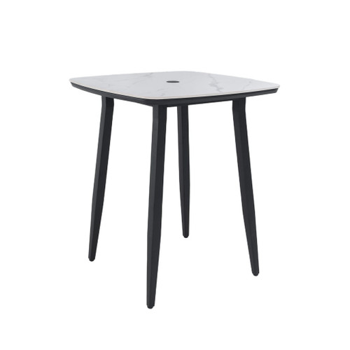 Outdoor Bar Table, Rounded Square Sintered Stone Top With Umbrella Hole, Rust Free Frame, Weatherproof - Ember Black / White