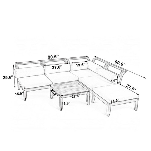 6 Piece Patio Sofa Set, Acacia Wood Outdoor Modular Sectional Garden Furniture Set L Shaped Conversation Set, Convertible Daybed With Tea Table, Ottoman, 5 Cushions And Pillows - Teak / Beige