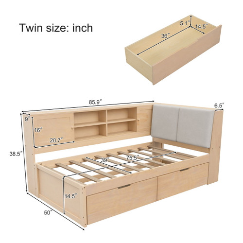 Twin L - Shaped Daybed With Storage Bookcase, Upholstered Headboard, USB Charging Ports & Hidden Drawers - Natural