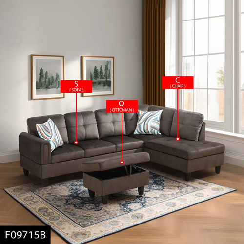 Dark Brown Flannel 3-Piece Living Room Sectional