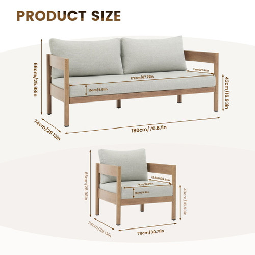 Outdoor Sofa Set Of 3 With Weather Resistant Cushions (Coffee Table Not Included) - Oak