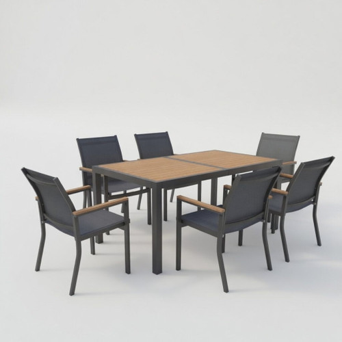 7 Piece Gray Aluminum Patio Dining Set With Textilene Chairs For Outdoor Living Frame With Accents, 59" Rectangle Table, All Weather Durable