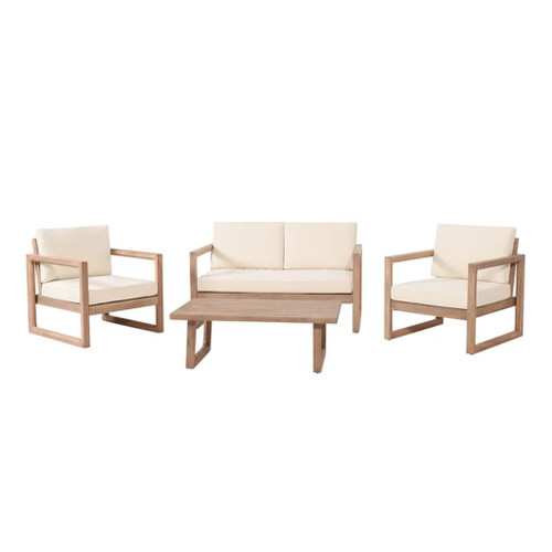 4 Pieces Acacia Wood Patio Furniture Set, Outdoor Furniture With Coffee Table, Patio Conversation Set Deep Seating With Soft Cushion, Porch Chairs For Backyard Porch Balcony - Brown Wash / Beige