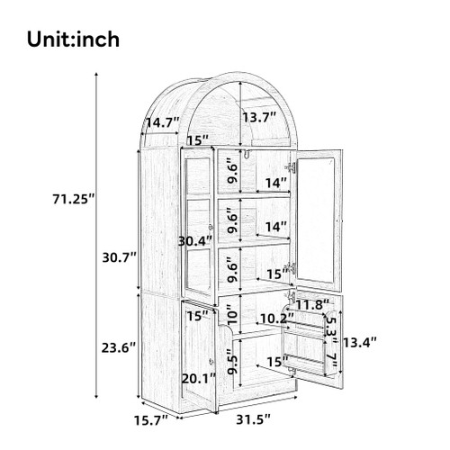 Tall Arched Top Storage Cabinet With 5 Tier Shelves, Soft Close Hinges
