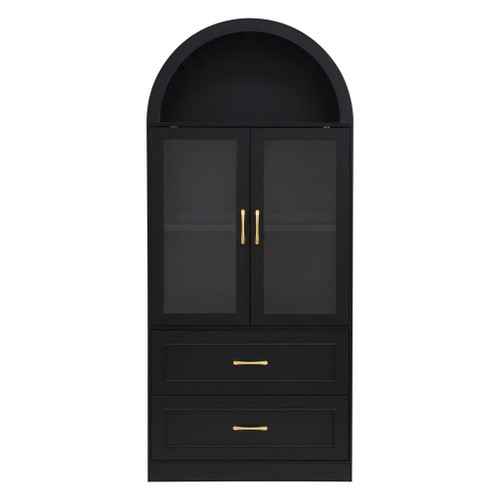 Arched Top Storage Cabinet With Fixed 2 Tier Shelves, 2 Large Drawers