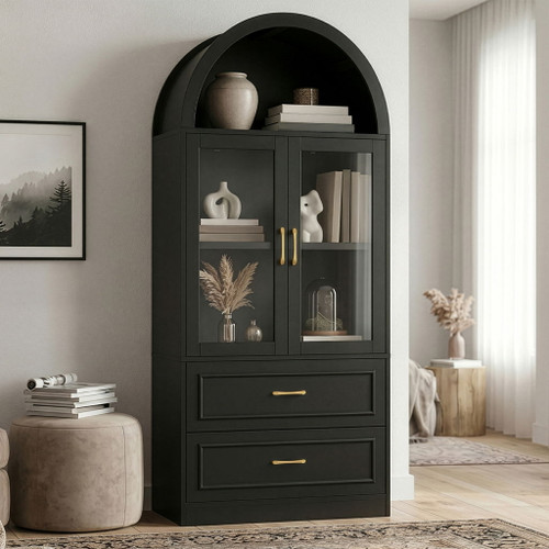 Arched Top Storage Cabinet With Fixed 2 Tier Shelves, 2 Large Drawers