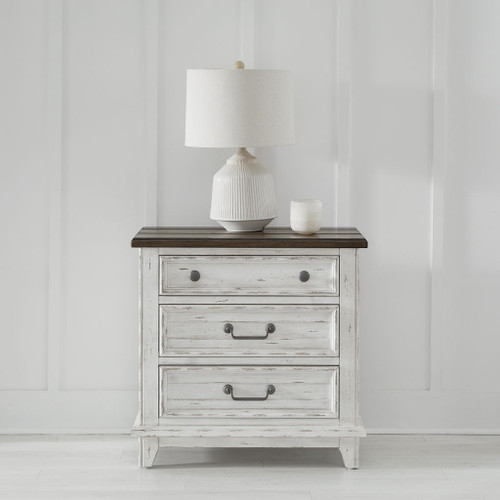 River Place - 3 Drawer Nightstand With Charging Station - Riverstone White & Tobacco