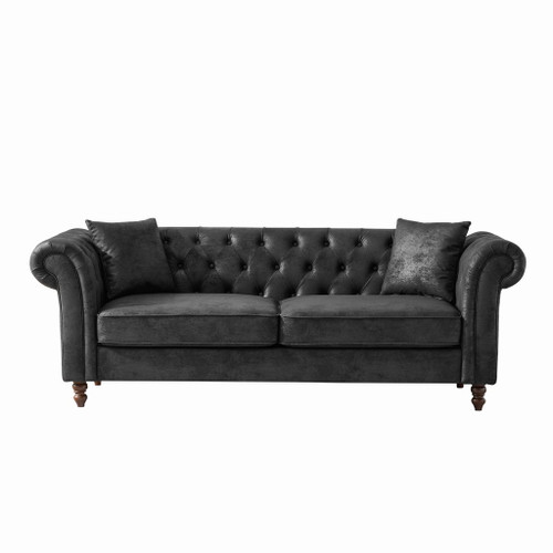 Chesterfield Sofa, High Tech Fabric Roll Armrest, 3 Seater Couch - Black