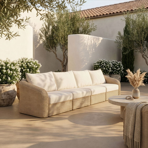 Seacrest - Olefin Water Resistant Fabric And Wicker 4 Piece Outdoor Patio Modular Sofa