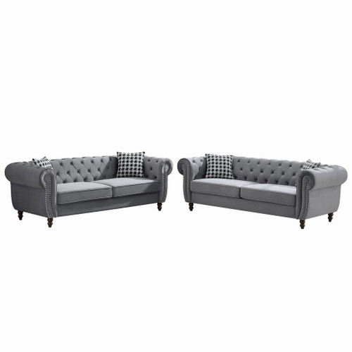 Chesterfield Upholstery Fabric Sofa With Roll Armrest & Nailhead, Mid Century Modern 3 And 3 Seater Couch