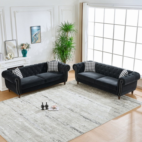 Chesterfield Upholstery Fabric Sofa With Roll Armrest & Nailhead, Mid Century Modern 3 And 3 Seater Couch