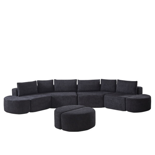 Modular Sectional Sofa With 6 Pillows And 4 Curved Footstools For Living Rooms - Black