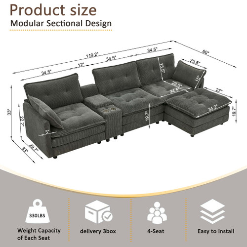Oversized Modular Sectional Sofa With Multi Functional Console