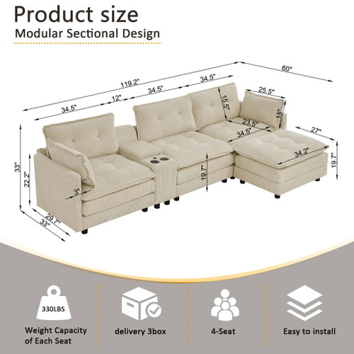 Oversized Modular Sectional Sofa With Multi Functional Console