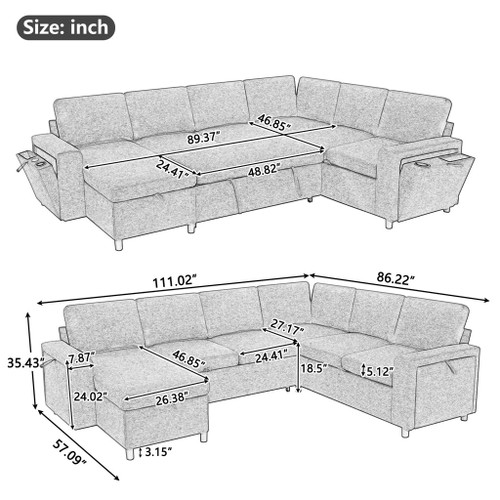 U - Shaped Convertible Sectional Sofa Bed With Storage, USB Charger & Cup Holders