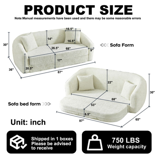 Curved Convertible Sofa, 2 In 1 Fold Out Bed With Pull Out Base And Deep Seat
