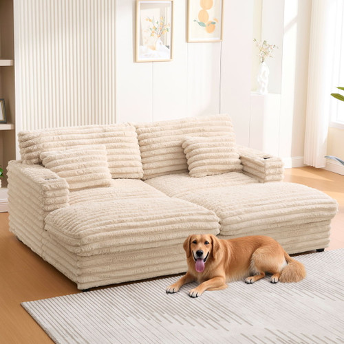 Oversized Double Chaise Lounge Sofa With USB Ports And Cup Holders