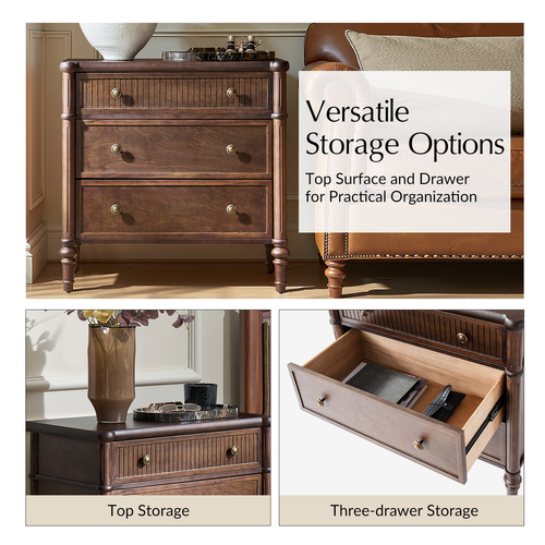 Derk Transitional 28"W 3-Drawer Fluted Solid Nightstand with Built-in Power Outlets On Clearance
