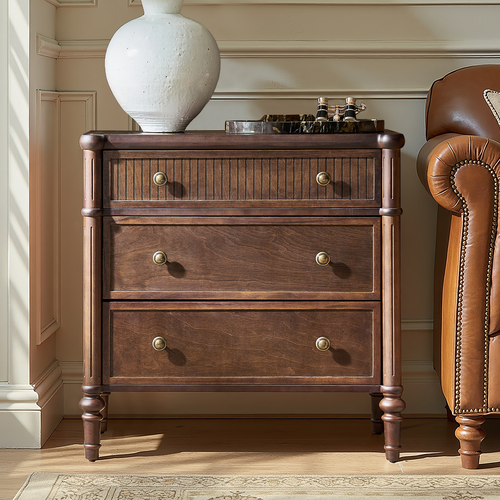 Derk Transitional 28"W 3-Drawer Fluted Solid Nightstand with Built-in Power Outlets NSMK1427 by Karat Home