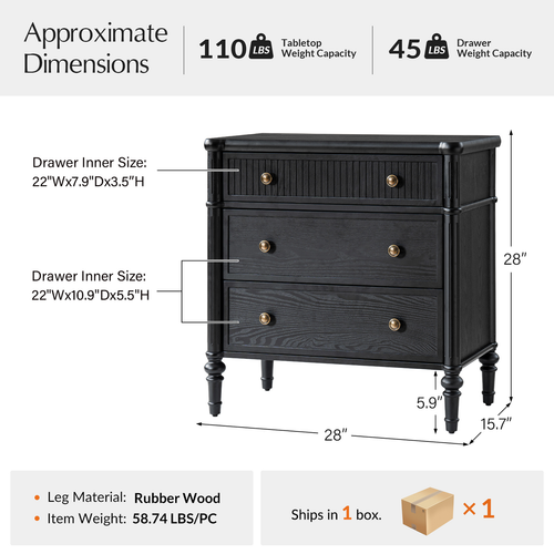Derk Transitional 28"W 3-Drawer Fluted Solid Nightstand with Built-in Power Outlets On Clearance