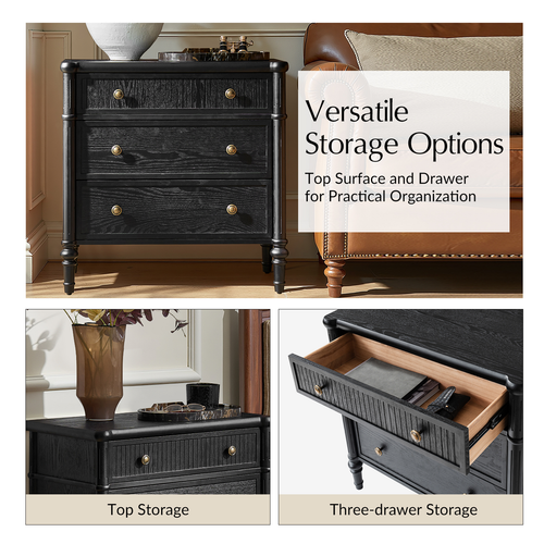 Derk Transitional 28"W 3-Drawer Fluted Solid Nightstand with Built-in Power Outlets On Clearance