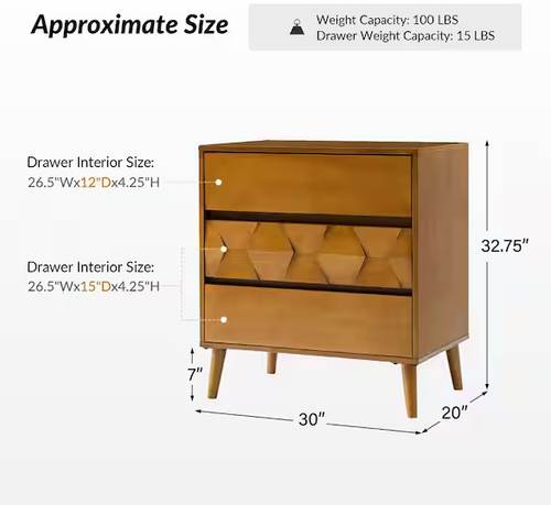 Karla Acorn Mid-century Modern 3-Drawer Dresser with USB and Type-C ports