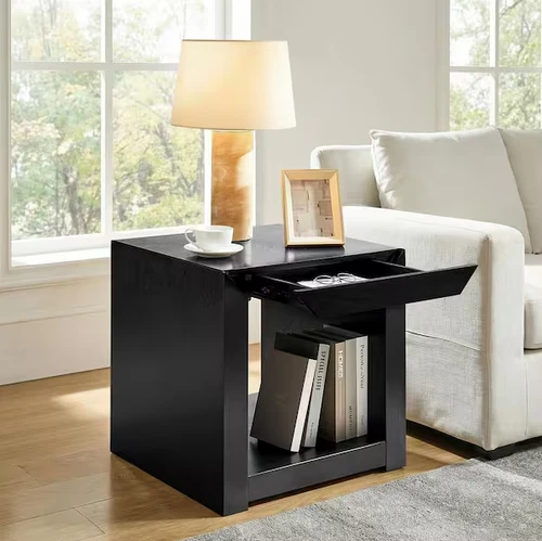 Quilla 24 in. Black Rectangle Wood End Table with 1 Drawer