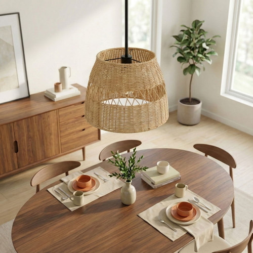 Essence - Single Lights Pendant With Shade - Black / Rattan