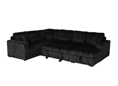 Belfort Black Fluffy Corduroy Sectional With Pull Out Bed And Storage Chaise