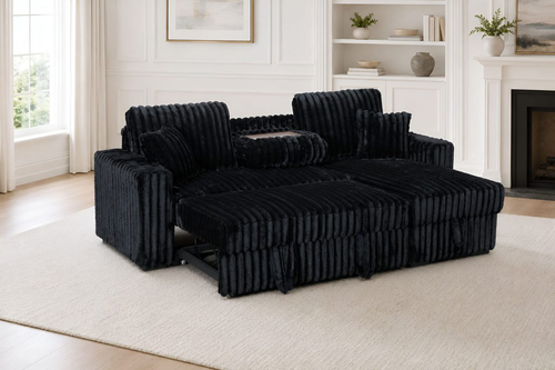 Luka Black Fluffy Corduroy Sectional With Pullout Bed and Storage Chaise