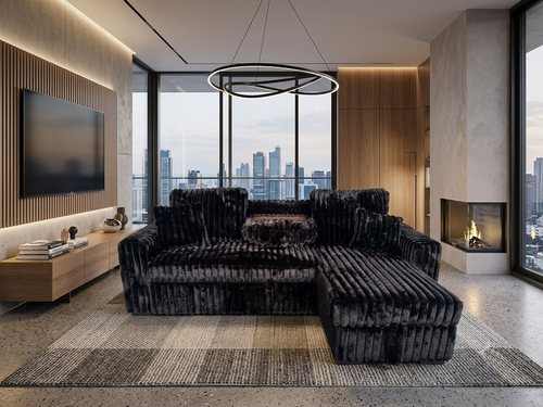 Luka Black Fluffy Corduroy Sectional With Pullout Bed and Storage Chaise
