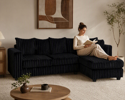 Hanna Black Fluffy Wide Corduroy Sectional with Reversible Chaise