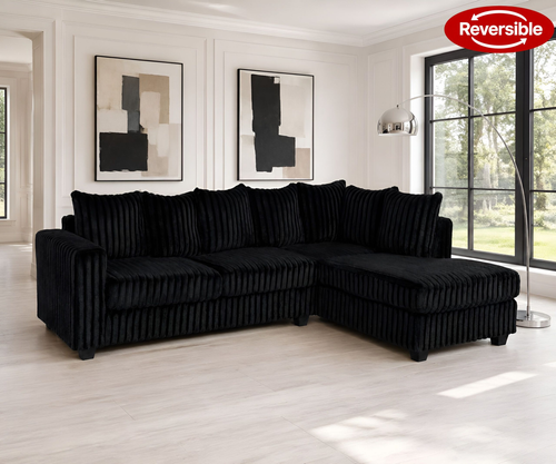 Hanna Black Fluffy Wide Corduroy Sectional with Reversible Chaise
