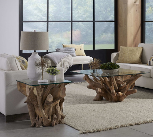 One - Solid Teak Root Glass Top Table