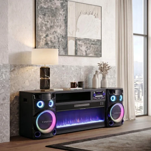 Smart Fireplace & Sound Station with Bluetooth Speakers & LED Lights