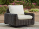 Kimora - 7 Pc. - 4-Piece Outdoor Sectional, Swivel Glider Lounge, Cocktail Table, End Table - Beige / Dark Brown