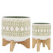 Ceramic Aztec Planter On Wooden Stand 5 / 8" (Set of 2) - Olive