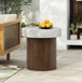 Mgo Cylindrical Side Table With Faux Stone Top And Wood Faux Base - Antique White / Natural