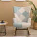 Accent Rocking Chair, Mid-Century Fabric Rocker Chair With Wood Legs And Patchwork Linen For Livingroom Bedroom - Blue