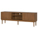 TV Stand With Vertical Slatted Doors And Sliding Panels, Solid Wood Legs - Brown
