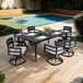7 Piece Outdoor Patio Furniture, Modern Dining Set, 6 Swivel Chairs Rockers Sunbrella Fabric And Rectangle Dining Table With Umbrella Hole - Ember Black