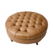 Geofredo Leather Round Ottoman with Tufted Top Nailhead Trim