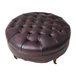 Geofredo Leather Round Ottoman with Tufted Top Nailhead Trim