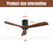 Ceiling Fan With 3 Solid Blades, Remote Controlled Reversible DC Motor - Black